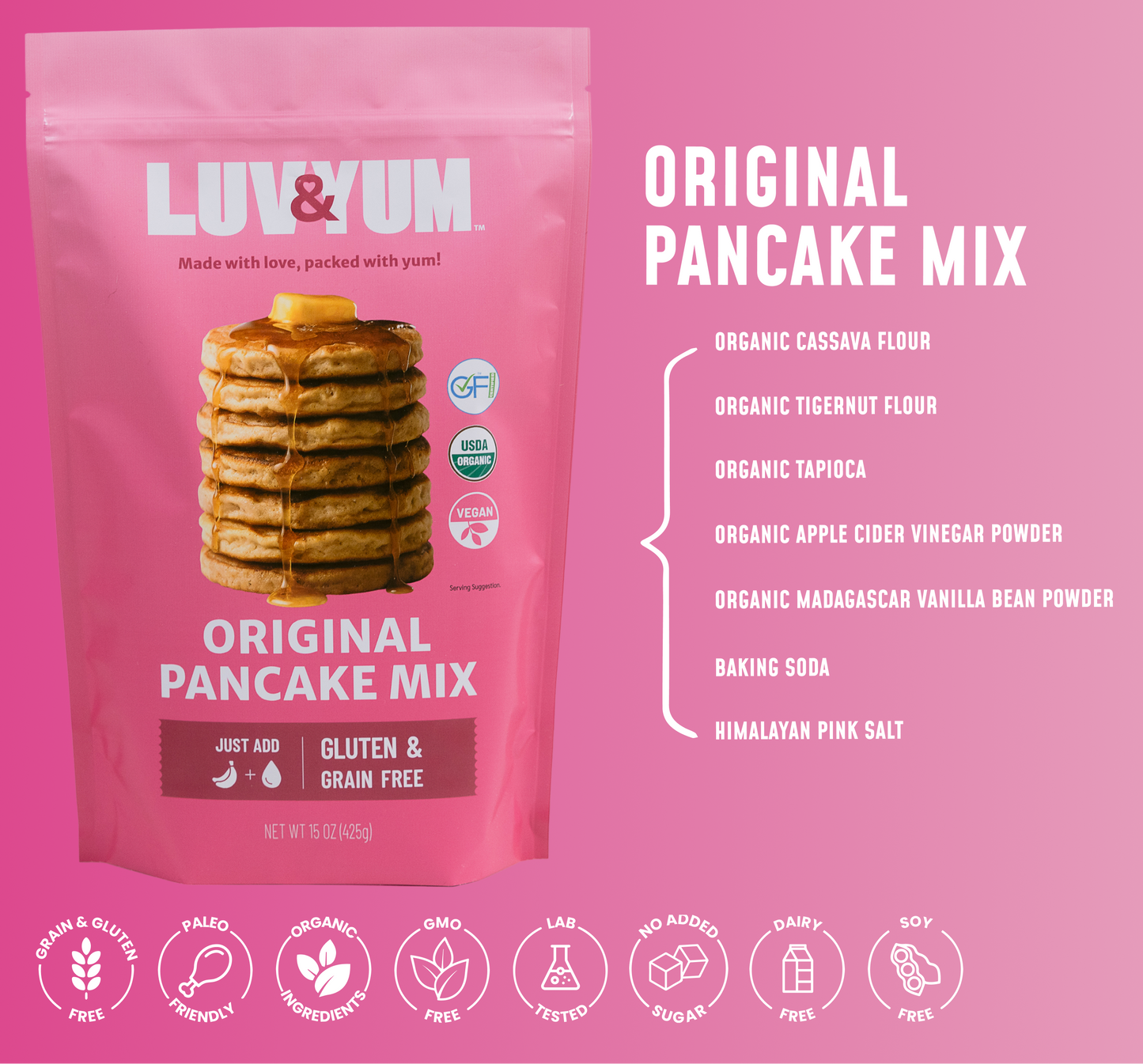 Pink packaging of Luv & Yum Original Pancake Mix with ingredients listed on a pink background