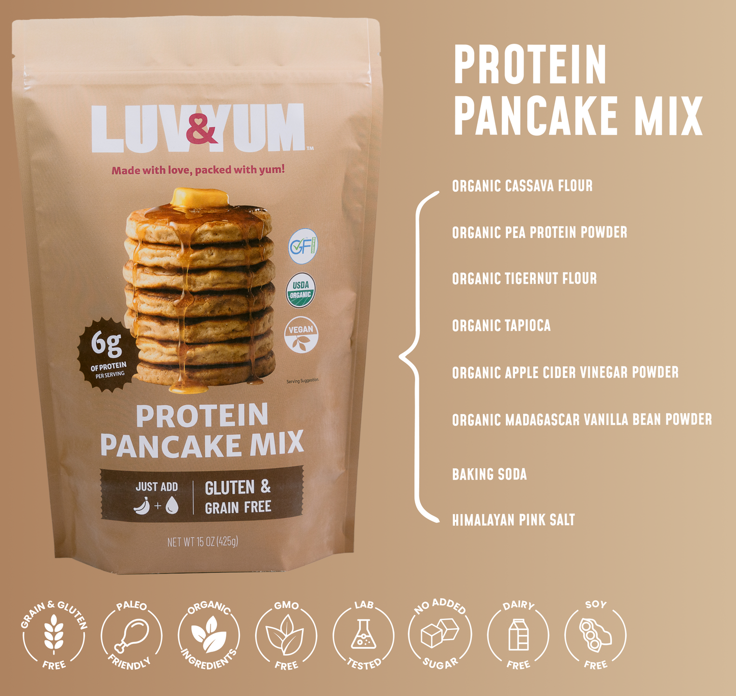 Luv & Yum Protein Pancake Mix packaging with ingredients listed on a beige background
