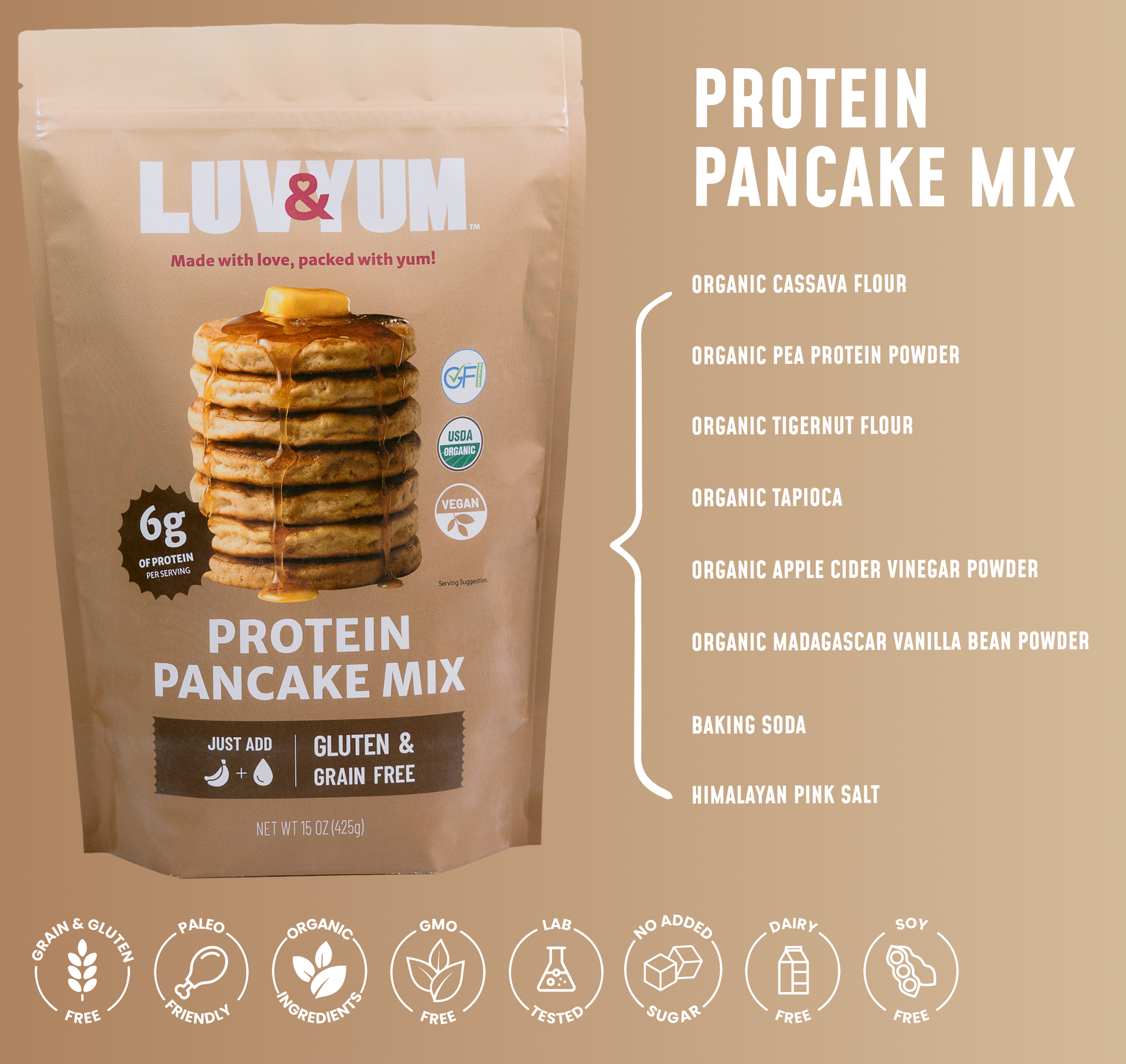 Luv & Yum Protein Pancake Mix packaging with ingredients listed on a beige background